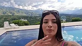 Salome Gil's big tits and ass tease before bending over poolside for rough doggystyle with pro photographer