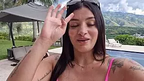 Salome Gil's big tits and ass tease before bending over poolside for rough doggystyle with pro photographer