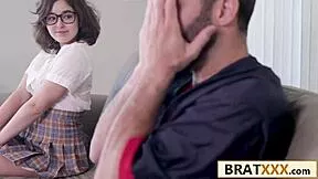 shy nerd in miniskirt caught bent over sofa for curvy pounding