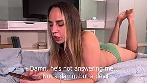 step sister moans loud taking cum while chatting with boyfriend on phone