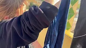Petite Blonde Neighbor with Blue Eyes Deepthroats Cock in Washing Machine Room and Swallows Cum