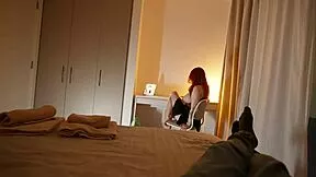 hey redhead stepmom, ride stepson's cock on that shared king bed?