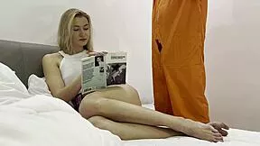 Long-legged college coed in miniskirt uniform teases with slow handjob