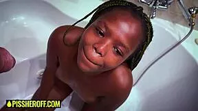 Cute black teen kneels sloppy deepthroats massive cock gags hard earns piss reward in mouth