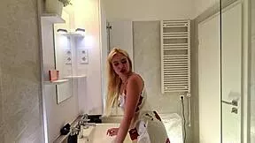 omg this super sexy blonde coed in satin nightie teases in bathroom...