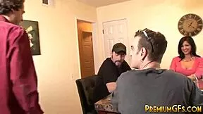 Petite Kimber Kay strips teases then bends for ripped clothes gangbang bukkake facial cum blast