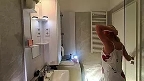 omg this super sexy blonde coed in satin nightie teases in bathroom...
