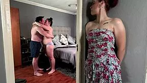 Our hot roommate couldn't resist spying, rubbing her small tits and pussy as we fucked hard nearby.