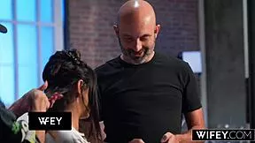 Misty Addams rides cock doggystyle bent over while husband watches her cum