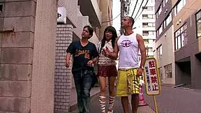 skinny japanese girl in miniskirt takes mmf threesome double penetration with monster cocks up close