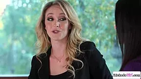 Lesbian babe dives tongue-first into conservative milf neighbor's shaved pussy.