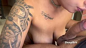 Thick curvy brunette's sloppy deepthroat overflows with thick cum load