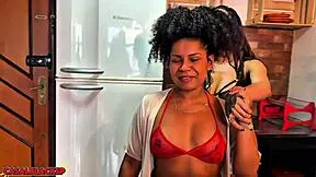 A Tanned Curly Brazilian Beauty's Friend Visit Turns Into Wild Bisexual Domination Threesome