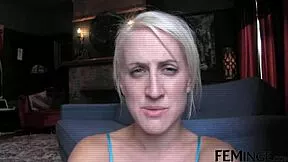 blonde sub straps on dildo to lick lesbian's wet pussy hard!!