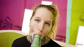 alt tattoo blonde slut fingers pussy then slams massive dildos deep