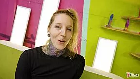 alt tattoo blonde slut fingers pussy then slams massive dildos deep