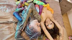 lesbian goths we go insane with massive anal toys gaping neon fishnets fisting each other