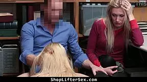 Shoplifting Mom and Stepdaughter Rip Clothes for Desperate Kneeling Suck-Off to Avoid Police in Garage Reality.