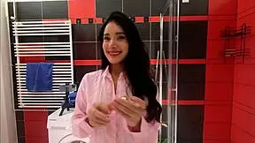 horny petite brunette teen in panties teases legs in bathroom mirror