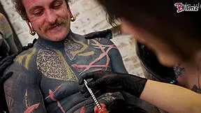 Three Latex Femdoms Dominate Tattooed Slave with Sounding Urethra Fingering Toys Heels BDSM