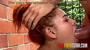 hot 18yo latina redhead gags on big cock deepthroat in public face fuck!