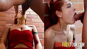 hot 18yo latina redhead gags on big cock deepthroat in public face fuck!
