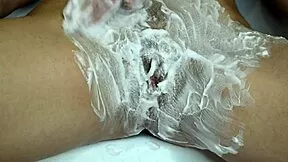 shaving my girlfriend's runway intimate hairy pussy closeup in shower