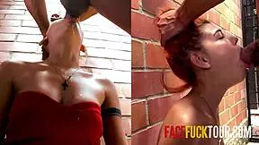 hot 18yo latina redhead gags on big cock deepthroat in public face fuck!