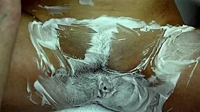 shaving my girlfriend's runway intimate hairy pussy closeup in shower