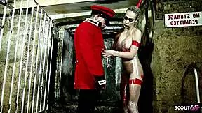 Slim blonde big tits girl faces master in dungeon roleplay