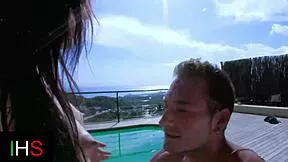 Beautiful Slut's Poolside Anal Fuck Bent Over Doggystyle Ends with Massive Cumshot on Shaved Pussy