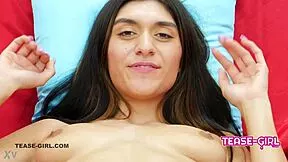 Tender pretty teen brunette 18+ arrives at pov casting interview on sofa for daddy swallow