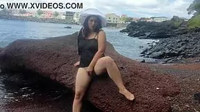 what if curvy milf flashes big hairy pussy on beach during naughty photoshoot