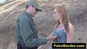Alluring blonde teen bares small tits nipples and tight pussy for strict officer outdoors