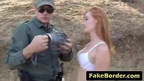Alluring blonde teen bares small tits nipples and tight pussy for strict officer outdoors