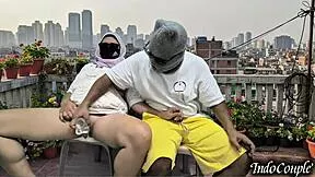 step sister on balcony begs for my hands on her hairy pussy outdoors