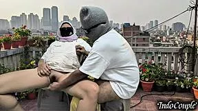 step sister on balcony begs for my hands on her hairy pussy outdoors
