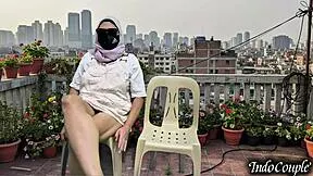 step sister on balcony begs for my hands on her hairy pussy outdoors