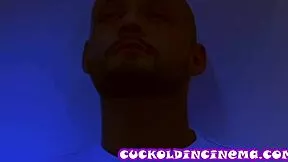 Blonde bombshell with massive tits services strangers while cuckold watches in cinema