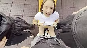 Busty latina teen sucks our big cocks in park till caught then runs with face full