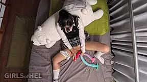petite japanese babe shoves xxl toys deep in her tight pussy