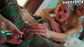 Oiled up lesbians share a metal anal toy fingering skinny goth pierced tattooed shaved pussy assplay missionary