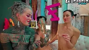 Oiled up lesbians share a metal anal toy fingering skinny goth pierced tattooed shaved pussy assplay missionary