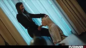 Nata Gold's cute face wrecked by futa shemale Amirah's rough facefuck squirting cumshot humiliation parody.