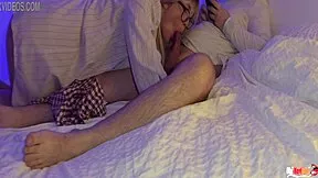 Stepmom deepthroats stepson's cock while he talks on phone in taboo close-up face fuck with cum swallow