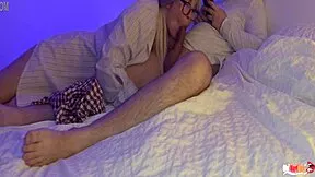 Stepmom deepthroats stepson's cock while he talks on phone in taboo close-up face fuck with cum swallow