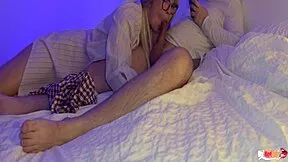 Stepmom deepthroats stepson's cock while he talks on phone in taboo close-up face fuck with cum swallow