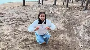 pretty brunette poses outdoor for photoshoot with my huge cock down her throat pov cumshot