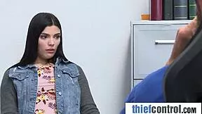 security guard bends over skinny shoplifter on desk for deepthroat blowjob and doggystyle pounding.