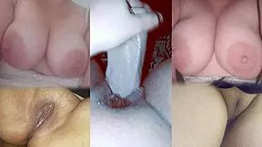 watch me jerk my tiny foreskin dick while my hot girl squirts on her wet pussy and tits